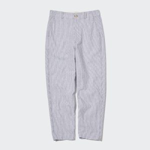 Pantalons Uniqlo Linen Coton Blend Rayé Tapered Femme Bleu O2086179