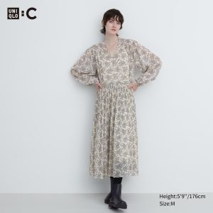 Robe Uniqlo Chiffon Plissé Printed Long Sleeved Femme Blanche H3495817