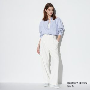 Pantalons Uniqlo Plissé Larges Leg Femme Blanche Q4735812