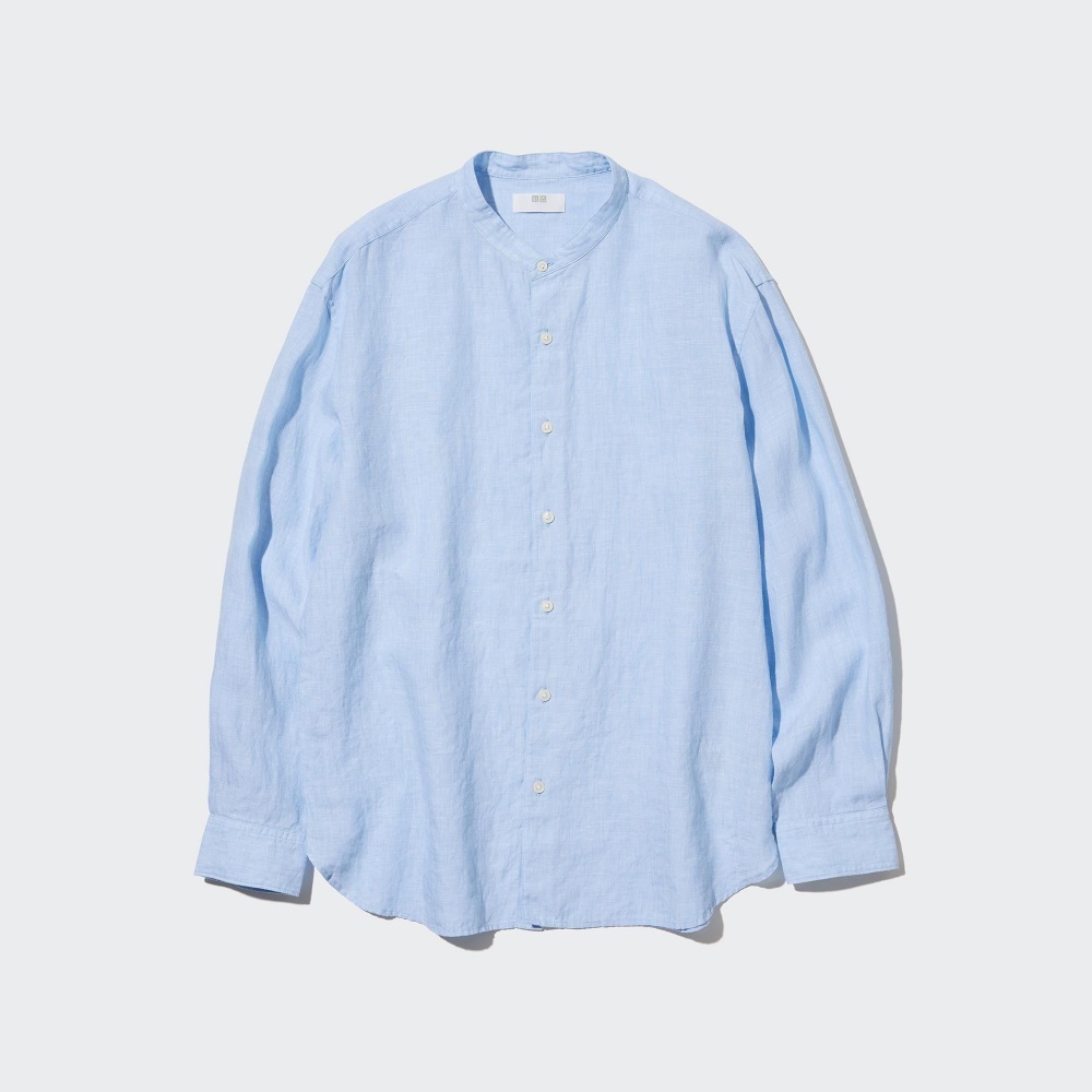 Chemises Uniqlo 100pct Premium Linen Regular FiT-Shirt Grandad Collar Homme Bleu P9384507