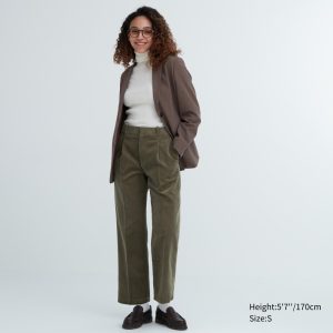Pantalons Uniqlo Corduroy Plissé Larges Leg Femme Vert Olive M2051697