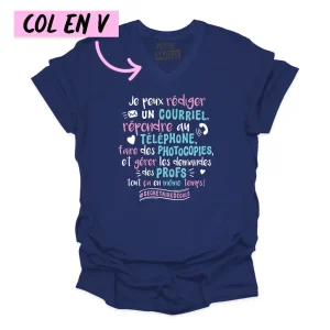 L - T-shirt Unisexe col en V bleu marine - Secrétaire d'école