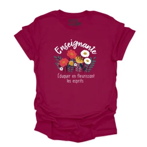 M - T-shirt Unisexe col rond bourgogne - Enseignante, fleurir les esprits