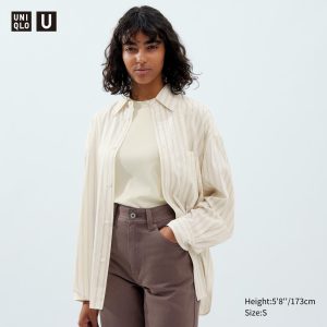 Chemisier Uniqlo Drape Rayé Long Sleeved Femme Beige D1427369