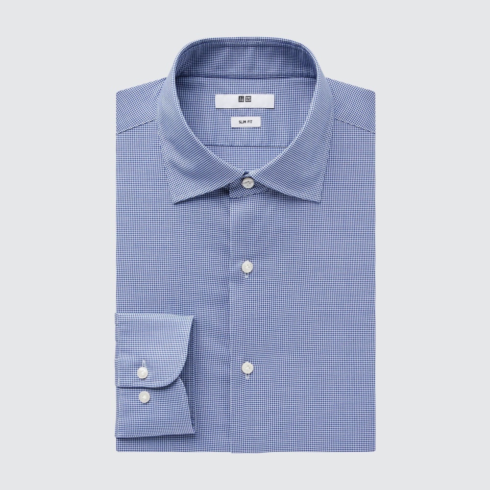 Chemises Uniqlo Easy Care Stretch Coupe Ajustée Checked Semi Cutaway Collar Homme Bleu F2569830