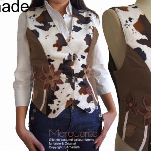 Gilet sans manches Fourrure vache marron bordeaux fleurs