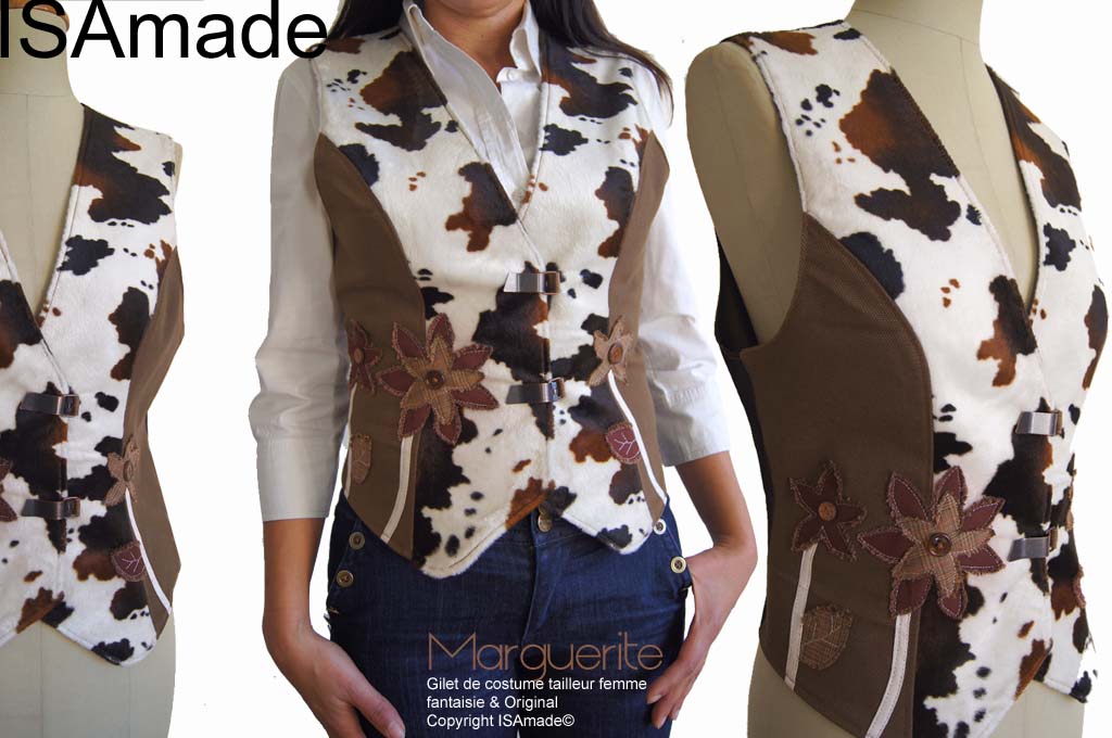 Gilet sans manches Fourrure vache marron bordeaux fleurs