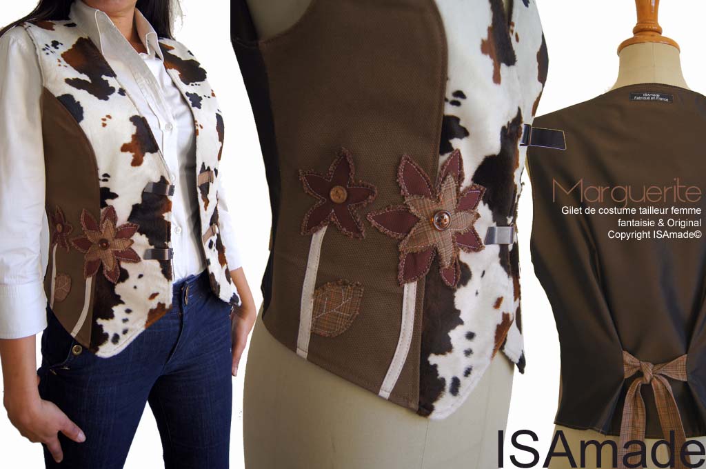 Gilet sans manches Fourrure vache marron bordeaux fleurs – Image 2