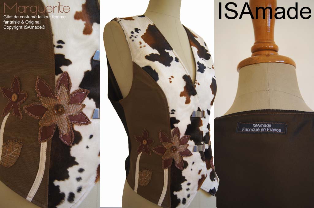 Gilet sans manches Fourrure vache marron bordeaux fleurs – Image 3