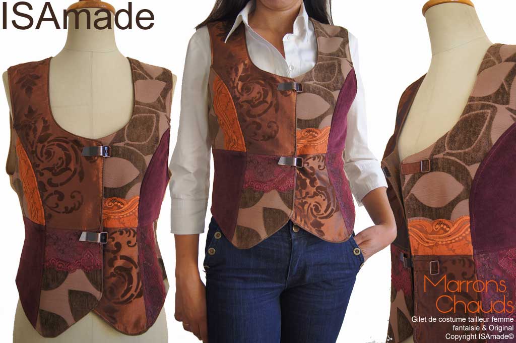 Gilet sans manches Femme Chic Marron Velours Dentelle