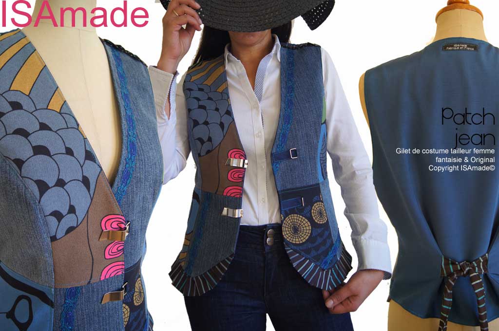 Gilet Fantaisie femme sans manches Patchwork Imprimé Jean brut dentelle – Image 2