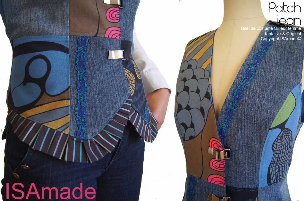 Gilet Fantaisie femme sans manches Patchwork Imprimé Jean brut dentelle – Image 4