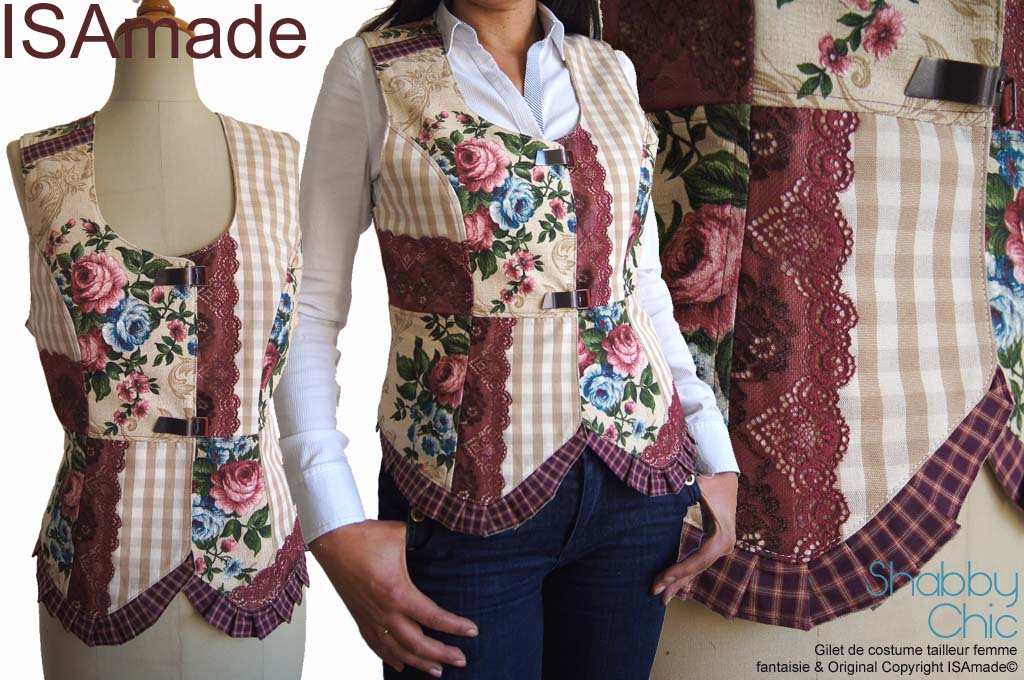 Gilet Bustier Fantaisie Chic Fleuri Rétro Romantique beige Bordeaux