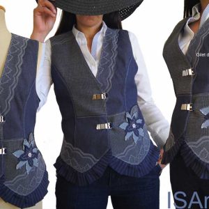 Gilet tailleur Femme sans manches Gris Jean brut dentelle