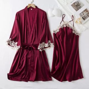 Ensemble nuisette et kimono en soie, robe col V inversé, et dentelle florale raffinée-RK7