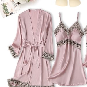 Ensemble nuisette courte et kimono en satin de soie, et dentelle travaillée-RK11