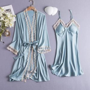 Ensemble nuisette et kimono en satin de soie, et dentelle- RK6