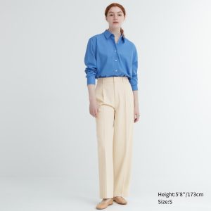 Pantalons Uniqlo Plissé Larges Leg Long Femme Beige F9021473