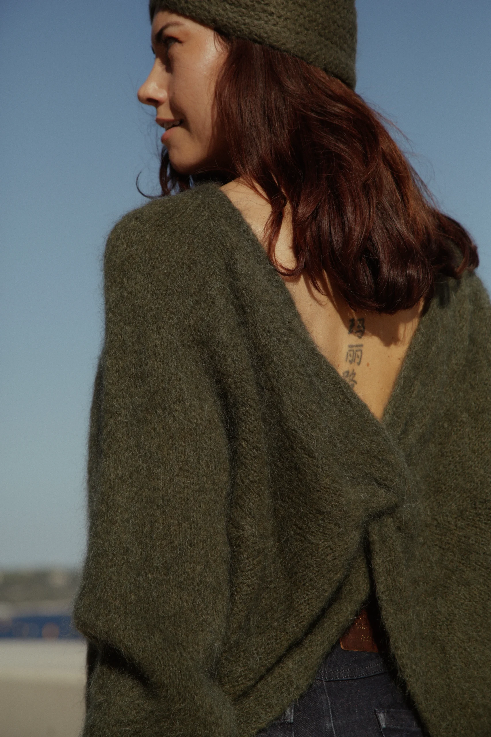 Pull en mohair Flore dos noué Kaki