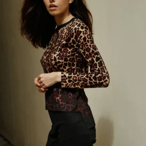 T-shirt Iris manches longues en viscose imprimé léopard Moka