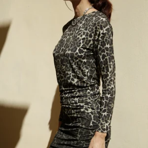 Robe Lua drapée en viscose léopard Kaki