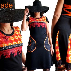 Robe Dentelle noire & Volants Vintage Orange/Rouge Fleurs