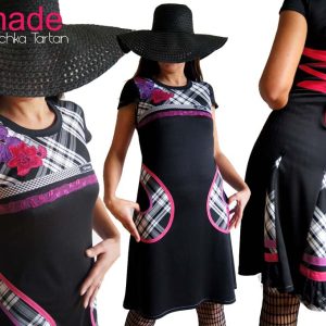 Robe dentelle Tartan écossais noir/blanc dentelle Rose Fuchsia