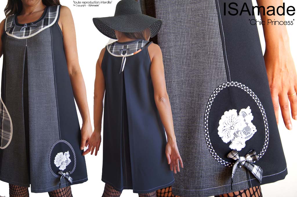 Robe Chasuble Noire Gris Ecru Prince de Galles et Tartan – Image 3