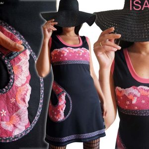 Robe dentelle noire et rose en maille d’esprit cocktail Chic et broderie fleurie.