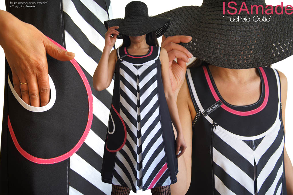 Robe bicolore Graphique Noir Blanc Trapèze Rayure rose Fuchsia