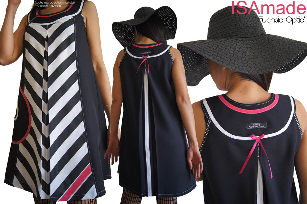 Robe bicolore Graphique Noir Blanc Trapèze Rayure rose Fuchsia – Image 2