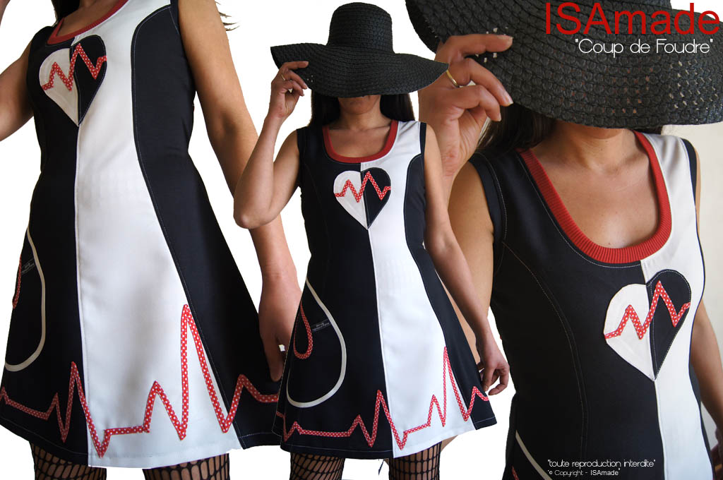 Robe bicolore Saint Valentin noir blanc écru rouge cœur