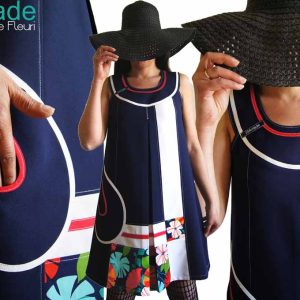 Robe bleu marine écru rouge fleurie trapèze Chic Marine