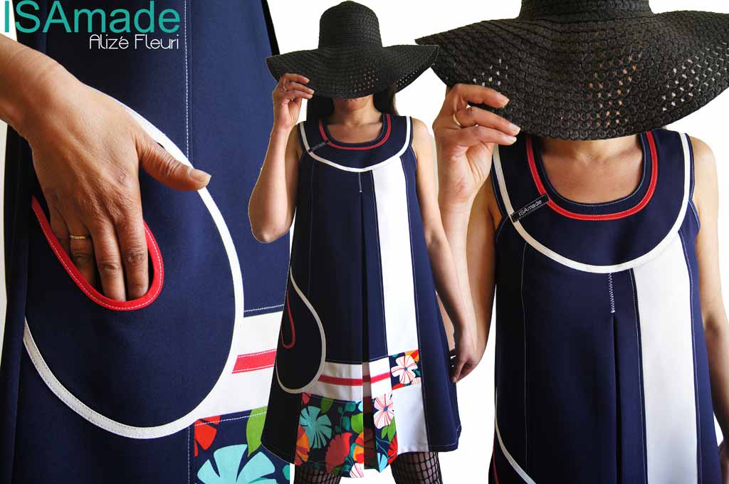 Robe bleu marine écru rouge fleurie trapèze Chic Marine