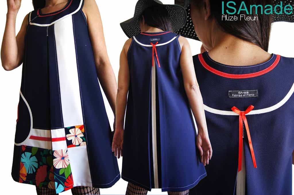 Robe bleu marine écru rouge fleurie trapèze Chic Marine – Image 2