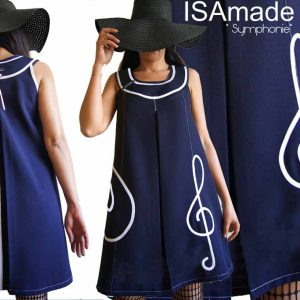 Robe créateur Trapèze Marine blanc Musique réservée Chantal