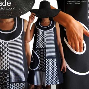 Robe Graphique noire Blanche patchwork imprimé rayure cercle triangle