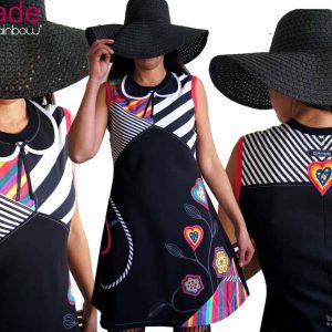 Robe colorée fantaisie Fleurie rayure noire blanche multicolore