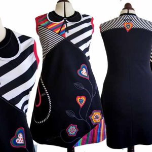 Robe colorée fantaisie Fleurie rayure noire blanche Taille 46