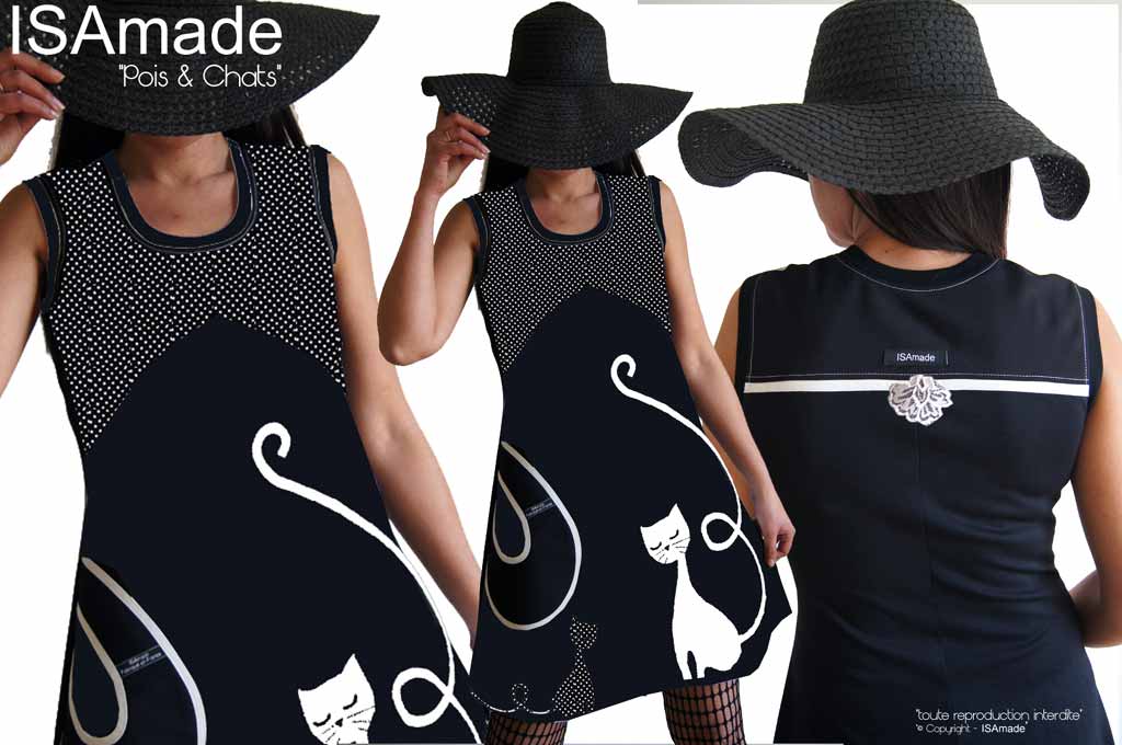 Robe blanc noire pois chat fantaisie originale T44
