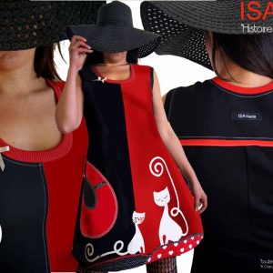 Robe Chat rouge noire blanche fantaisie originale à pois