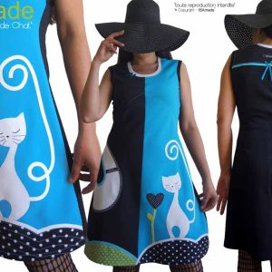 Robe turquoise noire vert anis chat pois originale