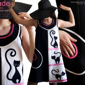 Robe Chats Trapèze bicolore Graphique Noire écru Rose