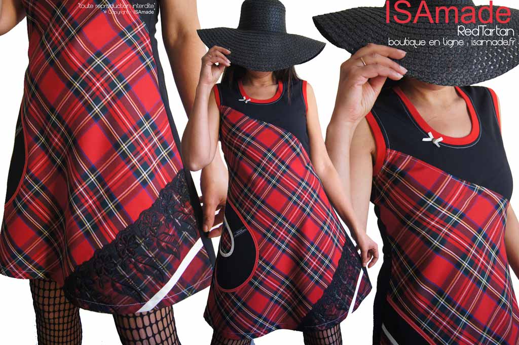 Robe carreaux écossais rouge tartan noire dentelle résille fleurie