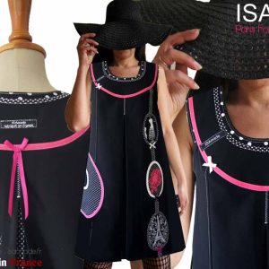 Robe Trapèze Rétro Paris Couture rose fuchsia noire pois