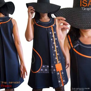 Robe trapèze Sixties noire orange imprimé graphique