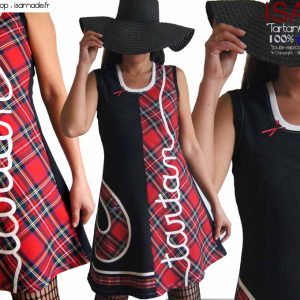 Robe créateur carreaux écossais rouge noire tartan made in France