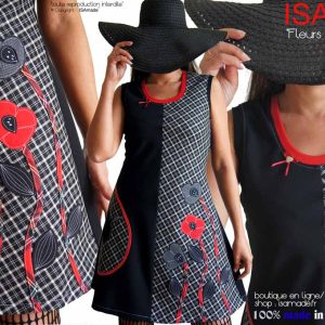 Robe carreaux fleurie créateur noire rouge made in France