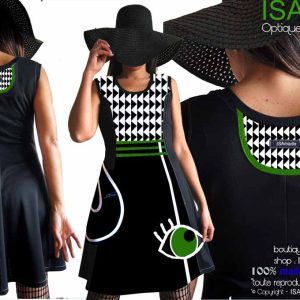 Robe créateur imprimé graphique triangles noire blanc vert