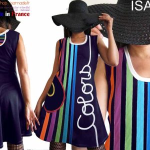 Robe bleu marine multicolore arc en ciel Originale made in France